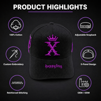 Gorra de Béisbol Negra Bordada Personalizada con Diseño de Corona Gótica X, 100% Algodón Twill, Ajustable con Cierre a Presión, Venta al Por Mayor Directa de Fábrica OEM