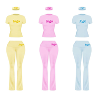 Set Pakaian Wanita Musim Gugur 2026, Atasan Lengan Panjang Kerah Kotak, Celana Flare, Loungewear Wanita, Set Celana 2 Potong, Set Santai