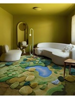 Tapis épais fait main en mélange polyester-coton, motif forêt/lac/herbe, pour salon, grande taille
