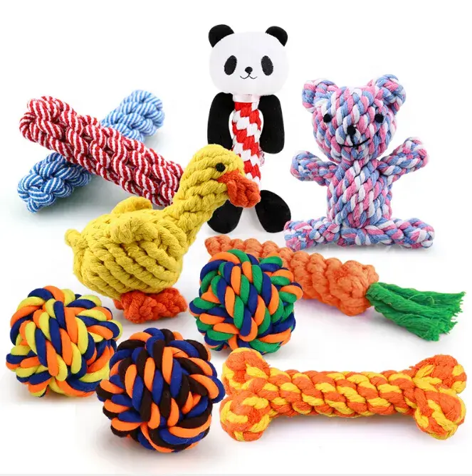 Fábrica por atacado Hot Selling Cotton Rope Dog Toy Projetos diferentes com papel e lã Pet Chew Brinquedos Embalados em Caixa