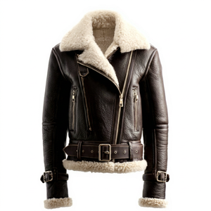 Blouson en cuir pour homme avec col en fausse fourrure et fermeture éclair - Product Image 1