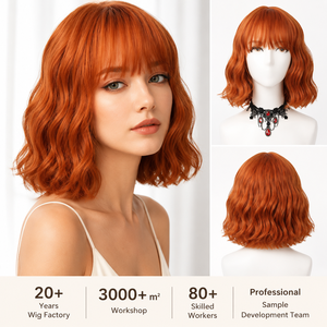 Perruque Bob Courte Ondulée Cuivre Orange avec Frange, Résistante à la Chaleur, <span class=keywords><strong>Cheveux</strong></span> Synthétiques pour Femme, Usage Quotidien, Cosplay, Fêtes, Vente Directe Usine - Product Image 1