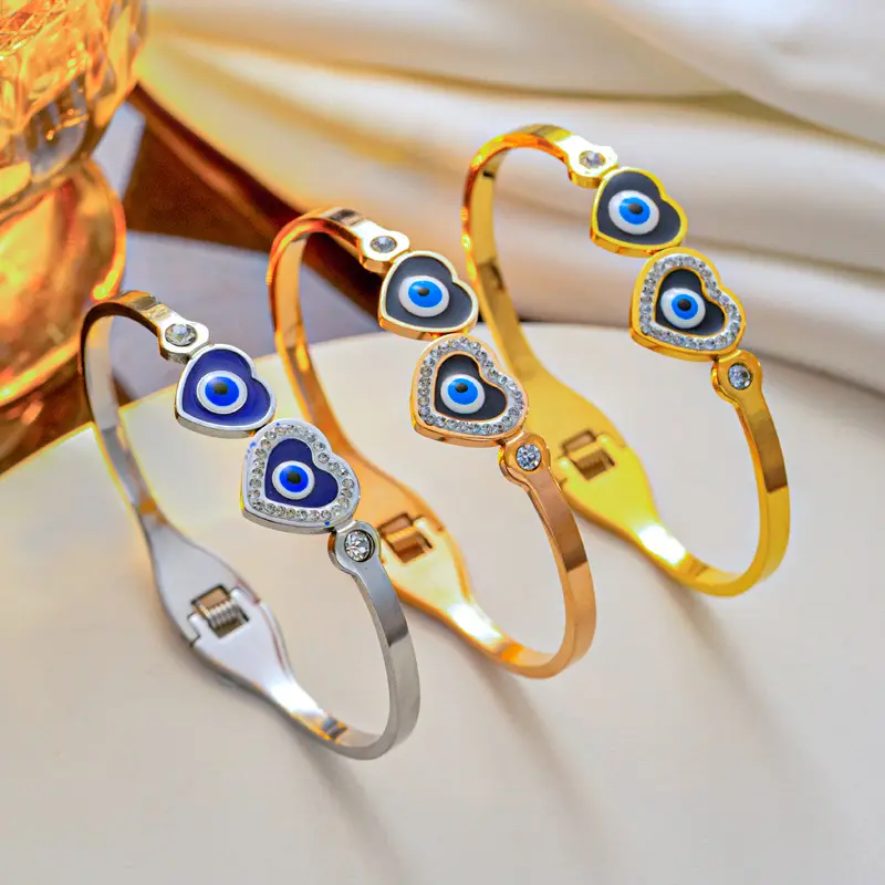 Gold Plated CZ Diamond Devil Eyes Stainless Steel Bracelet Geometric Heart Charm Zircon Titanium Steel 18K Bangle