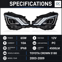 Ensemble de phares LED 65W 4500LM pour Toyota Crown 12e génération 2003-2009, spécifications japonaises, DRL, clignotants séquentiels