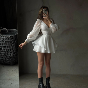 Abito Mini Estivo da Donna Personalizzato Stile Sexy Hot Girl con Scollo a V, <span class=keywords><strong>Maniche</strong></span> <span class=keywords><strong>Lunghe</strong></span>, Vita Alta, <span class=keywords><strong>Bianco</strong></span>, Linea ad A - Product Image 2