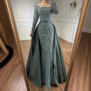 Robe de soirée élégante pour femme, nouvelle collection, couleur unie, col <span class=keywords><strong>carré</strong></span>, manches longues, <span class=keywords><strong>coupe</strong></span> ajustée, longue traîne, avec décorations de perles et de perles lourdes - Product Image 2