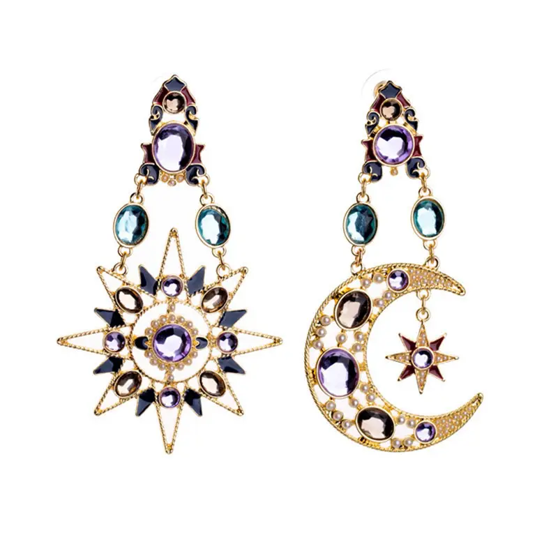 2022 Fashion Sun Moon Star Earrings for Women,Vintage Gold Plated Asymmetrical Metal Crystal Earring for Women Girls