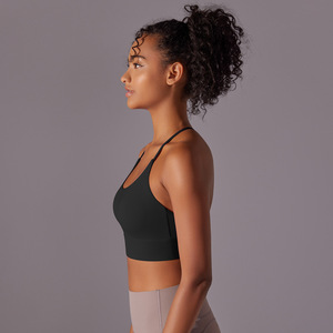 Wholesale Women Halter U Neck Sports Bra Thin T <b>Back</b> Strap Removable Pads Yoga Crop <b>Top</b> <b>Low</b> Support Gym Athletic Training Bra - Product Image 4