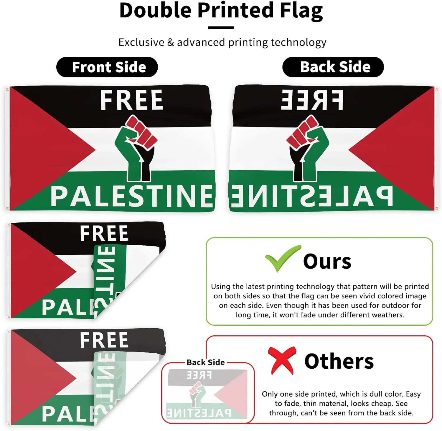 कस्टम फ़िलिस्तीन ध्वज स्वतंत्रता दिवस ध्वज पॉलिएस्टर पीतल के लूप के साथ 3 X 5 फीट फ़िलिस्तीन ध्वज