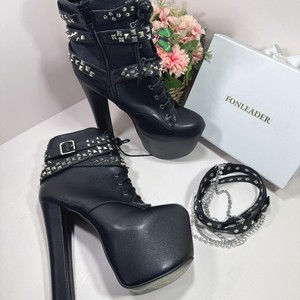 Classic Sexy Ladies Botines Mujer Talons Femmes 2025 Chunky Heel Platform 16CM Rivet Pearl Chain Heels Ankle <b>Boots</b> for Women - Product Image 2