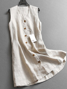 Abito da donna elegante in lino tinta unita, casual, aderente, scollo a V, monopetto, <span class=keywords><strong>senza</strong></span> maniche, che esalta il fascino. - Product Image 1