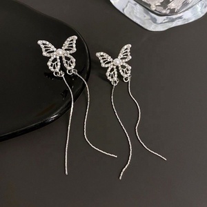 High-end Long butterfly Pearl Zircon Tassel <b>Stud</b> <b>Earrings</b> <b>for</b> <b>Women</b> Party <b>Silver</b> Plated Versatile and Fashionable Wholesale - Product Image 2