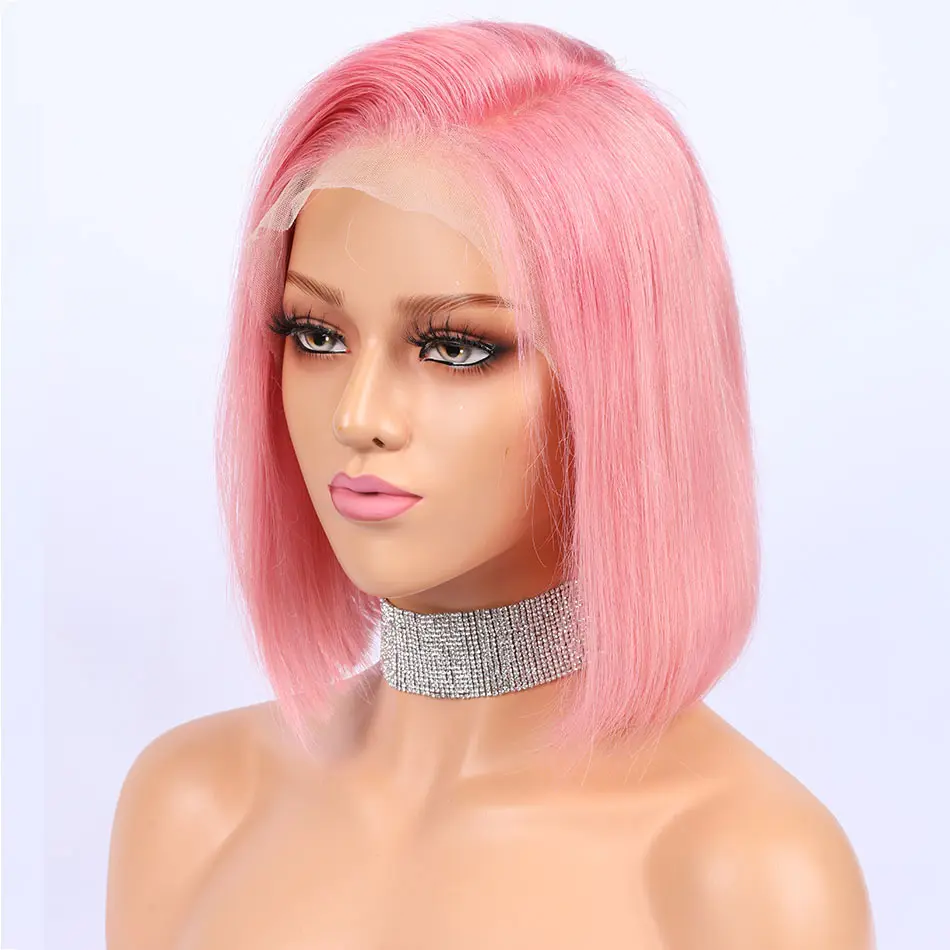 सबसे सस्ता गुलाबी बॉब फीता सामने Wigs मानव बाल 13X4 पूर्व Plucked सीधे वर्जिन ब्राजील के बालों गोरा रंगीन विग बॉब मानव बाल