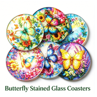 Sous-verre rond en verre imprimé UV, motif papillon floral, pour décoration de tasses à café, thé et autres boissons, idéal pour la maison