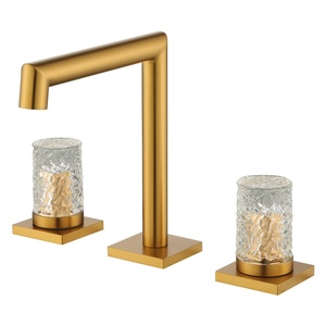 <span class=keywords><strong>Robinet</strong></span> de salle de bain à trois trous en verre cristal avec bec en U inversé à angle droit, finition or brossé - Product Image 1
