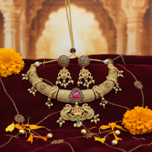 Ethnic Traditional Temple Flower Design Bridal Engagement Wedding Party Choker <b>Set</b> Jhumka Earrings <b>Gold</b> Plated Alloy Zircon - Product Image 3