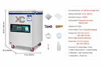 Machine d'emballage sous vide à couvercle plat XICANG XC-380, pompe simple, moteur puissant 1000W, pour sacs de 2-5kg de volailles entières et viande en vrac