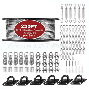 Kit de tensión de cable de acero inoxidable de 230 pies, 7x7 hilos, PVC de 5 mm para jaula de bateo y equipo de entrenamiento en casa - Product Image 1