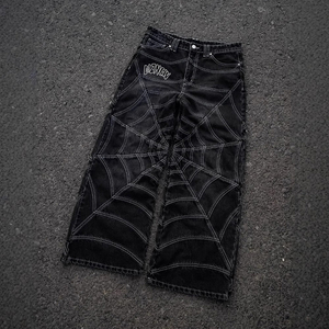 DiZNEW Jeans Larghi da Uomo Taglie Forti con Stampa Personalizzata Motivo a Ragnatela Jeans Hip Hop Pesanti Neri - Product Image 3