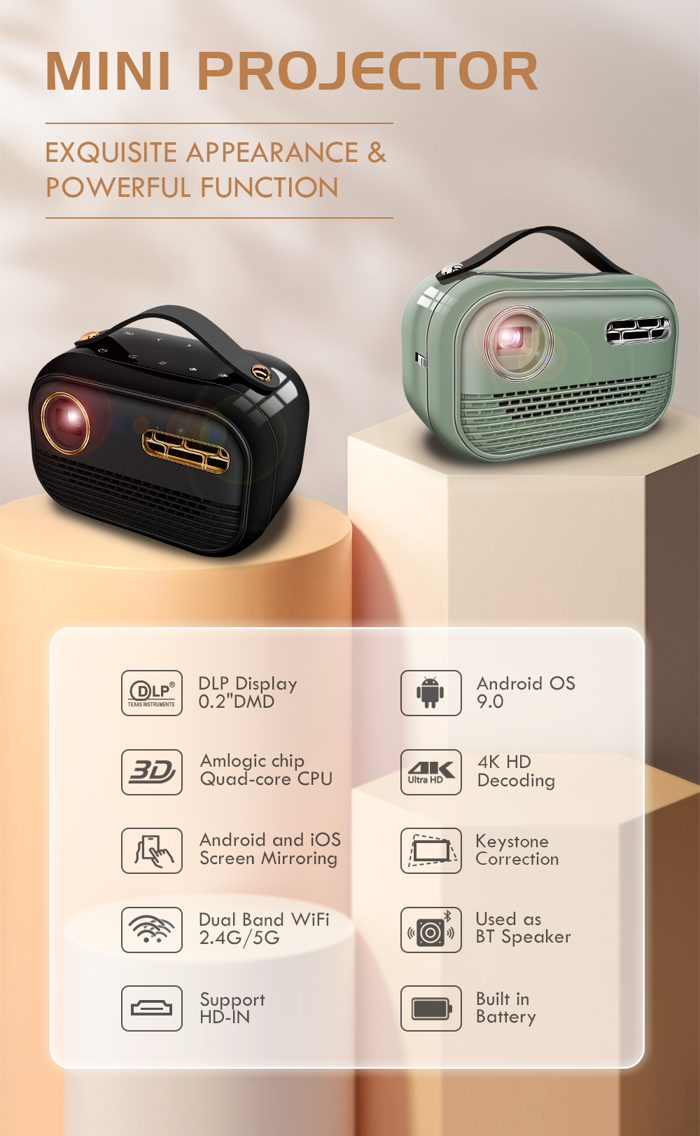 4K Mini DLP Projector Portable Durable Android Home Theater Mini Projector