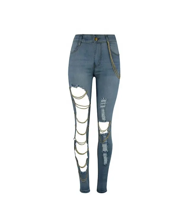 Großhandel Frau Sommer Skinny Jeans High Waist Femme Stretch Baumwolle Hosen Denim Kette Anhänger Übertriebene zerrissene Jeans