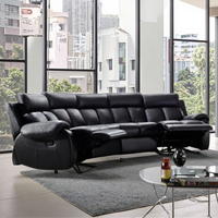 Canapé inclinable moderne en cuir noir extensible avec fauteuils inclinables intégrés, revêtement en tissu et structure en bois