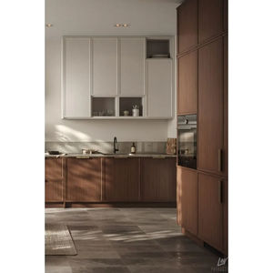 Gabinete de Cocina Moderno Minimalista Personalizado de Vermont, Madera de <span class=keywords><strong>Nogal</strong></span> de Dos Tonos, Blanco Brillante, Sin Tiradores - Product Image 2