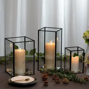 Luxurious Elegant Well Design Metal Iron Rod Square And Rectangle Frame With Glass Under Candle Tea Light Gold For Table Decor