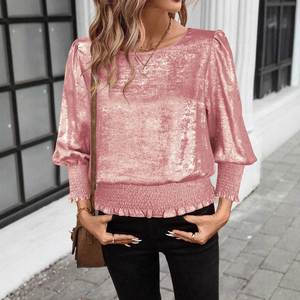 Nouveau T-shirt pull-over élastique à col ras du cou et ourlet doré en polyester pour femme, style streetwear, manches trois-quarts, collection hiver 2026 - Product Image 1
