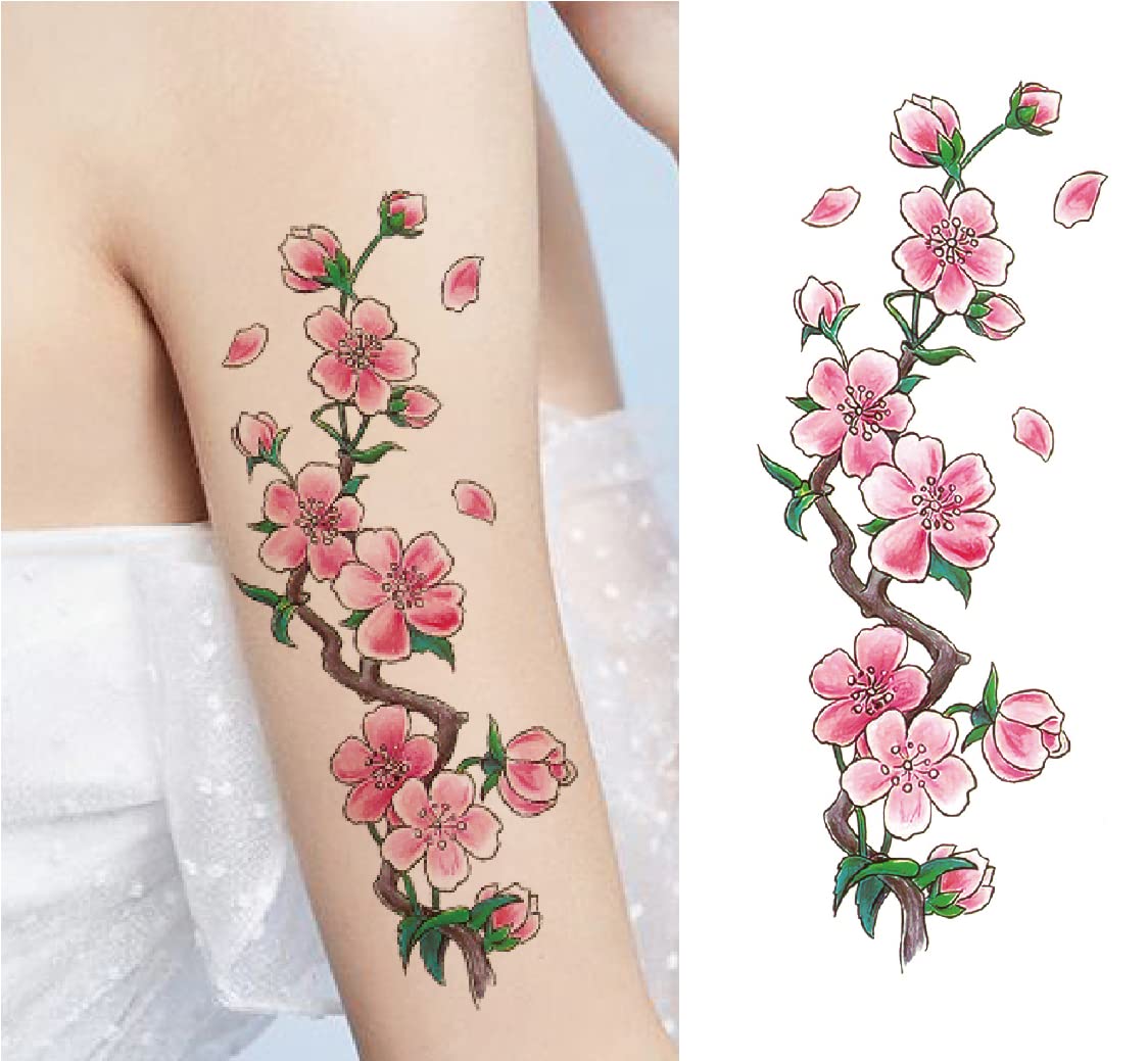 Flor Tatuagens Temporárias Para As Mulheres Rose Cherry Peony Peach Blossoms Tatuagem Body Art Adulto Adesivos À Prova D' Água