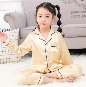 Pijama de satén de manga larga para niñas, camisón de bebé similar a la seda, conjuntos de pijama de seda helada para niños - Product Image 3