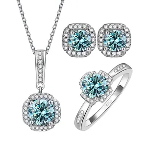 GEMS LADY Women 1 Carat Moissanite Diamond Jewelry S925 Sterling Silver Ring Necklace Earring Three Piece Set for Couple Wedding