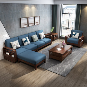 L-Shaped Solid Wood <b>Sofa</b> <b>Bed</b> Set With Chaise Lounge Multifunctional For <b>Small</b> Apartments Natural Wood Color - Product Image 2