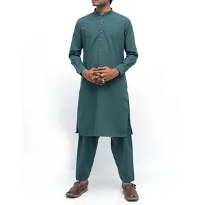 简约高品质民族风格男士绿色素色柔软舒适开斋节服装穆斯林伊斯兰长袍