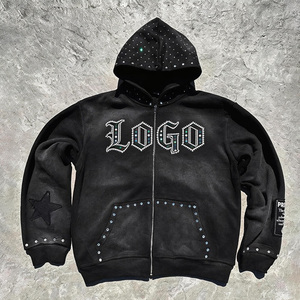 Conjunto de Chándal Vintage para <span class=keywords><strong>Hombre</strong></span> con Estampado de Diamantes de Imitación Personalizado, Lavado Ácido, Sudadera con Cremallera y Pantalones de Chándal, Cortavientos - Product Image 2