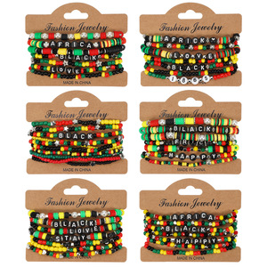 Pulseras Africanas Negras <span class=keywords><strong>de</strong></span> Varias Capas con Cuentas Rojas, Negras, Amarillas <span class=keywords><strong>y</strong></span> Verdes, Pulsera <span class=keywords><strong>de</strong></span> Arcilla Polimérica, Conjuntos <span class=keywords><strong>de</strong></span> Pulseras para Mujeres Africanas - Product Image 1