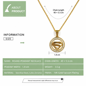 Collier pendentif emblème rond en acier inoxydable plaqué or sous vide avec zircone cubique - Product Image 3