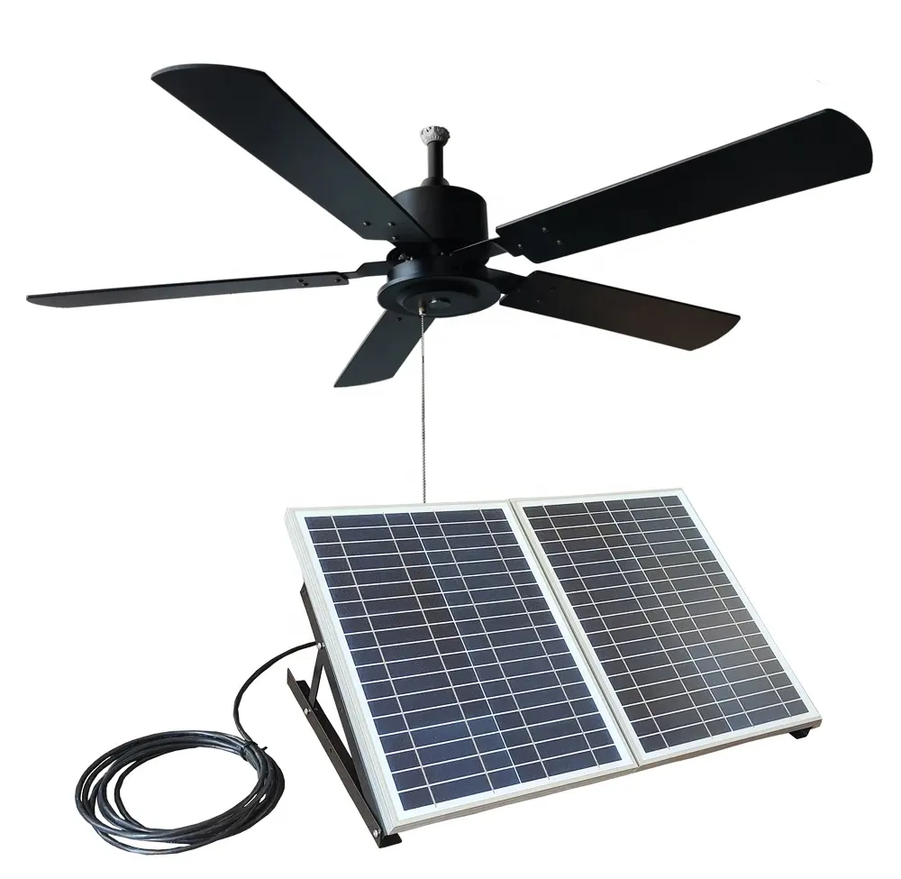 Outdoor Solar powered DC ceiling fan for patio pergolas 40w solar panel 52 inch wooden fan blade