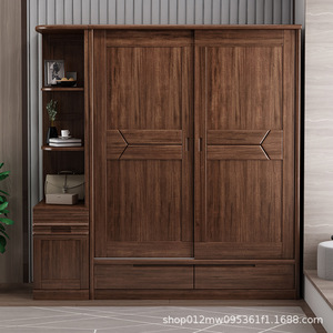 Walnut Solid Wood <b>Wardrobe</b> Sliding Door <b>Large</b> Capacity Storage Bedroom Furniture - Product Image 4
