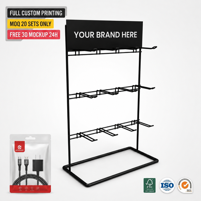Custom Metal Countertop Display Rack with Hooks for Mobile Phone Accessories USB Cable Charger Stand Desktop 3C Electronics POS
