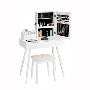 Деревянное зеркало для макияжа туалетный столик и стулья набор со скрытым шкафом для хранения ювелирных изделий для макияжа