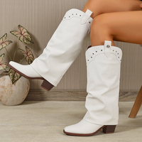 Bottes Western Blanches Mi-Mollet pour Femme, Style Décontracté, Bout Carré, Talon Carré, à Enfiler, avec Rivets Décoratifs, pour Automne Hiver