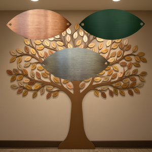 Plaque nominative ovale personnalisable en laiton H62, découpée au laser, polie, plaquée or, gravée, motif <span class=keywords><strong>feuille</strong></span> d'<span class=keywords><strong>arbre</strong></span> de Noël religieux, pour donateur, OEM - Product Image 1