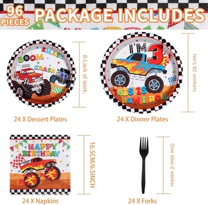 Ensemble de vaisselle à carreaux DAMAI pour fête d'anniversaire sur le thème des camions, décorations d'anniversaire pour la 3ème fête d'anniversaire sur le thème des camions pour enfants, pour 24 personnes - Product Image 2