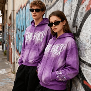 2026 New Arrival High Quality Acid Washed Sun-Dried Distressed Hoodie Custom Letter Rhinestone Printed Men's Zipper Boxy Hoodie - Product Image 2