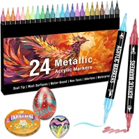 24 marqueurs de peinture acrylique aux couleurs métalliques, double pointe fine et pinceau, marqueur doré pour la peinture sur roche, verre, céramique, toile