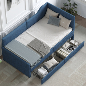 Modern Twin Size L-Shaped Corduroy Reclining Daybed Upholstered <b>Bed</b> Frame with 2 Storage Drawers Blue for Hotel Bedroom - Product Image 6