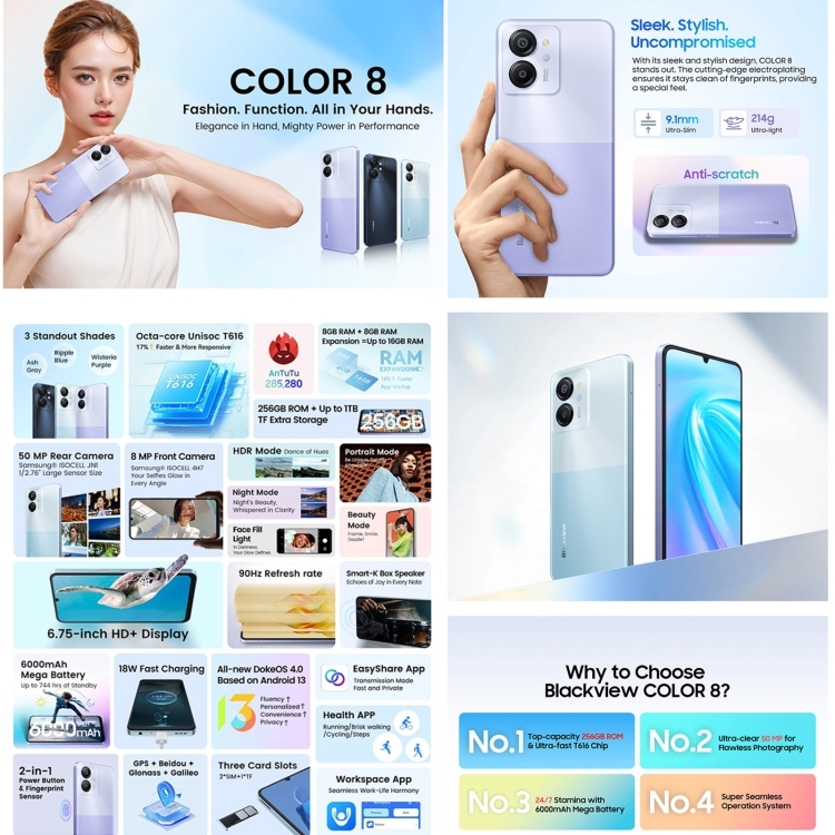 Blackview COLOR 8 - 8GB+256GB, 6.75 Inch Android 13 Phone