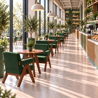 Ensemble de salle à manger en noyer émeraude avec chaises à accoudoirs en cuir vert grain de bois, pieds évasés, style Mid-Century, personnalisable pour restaurant et hôtel