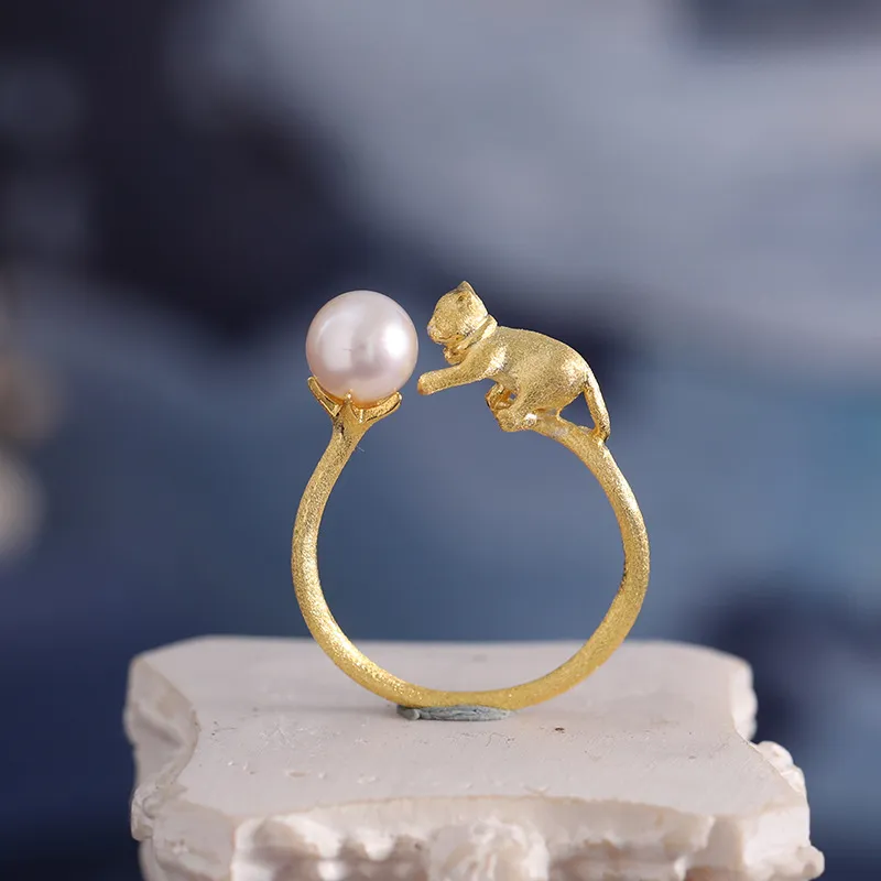 Aimgal Schmuck Silber s925 vergoldet zwei natürliche Perlen ohrringe glückliche Katze Ohrringe Damen schmuck Set Drop Shipping